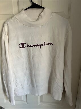 Champion Cream Mock Neck Sweatshirt with Maroon Logo